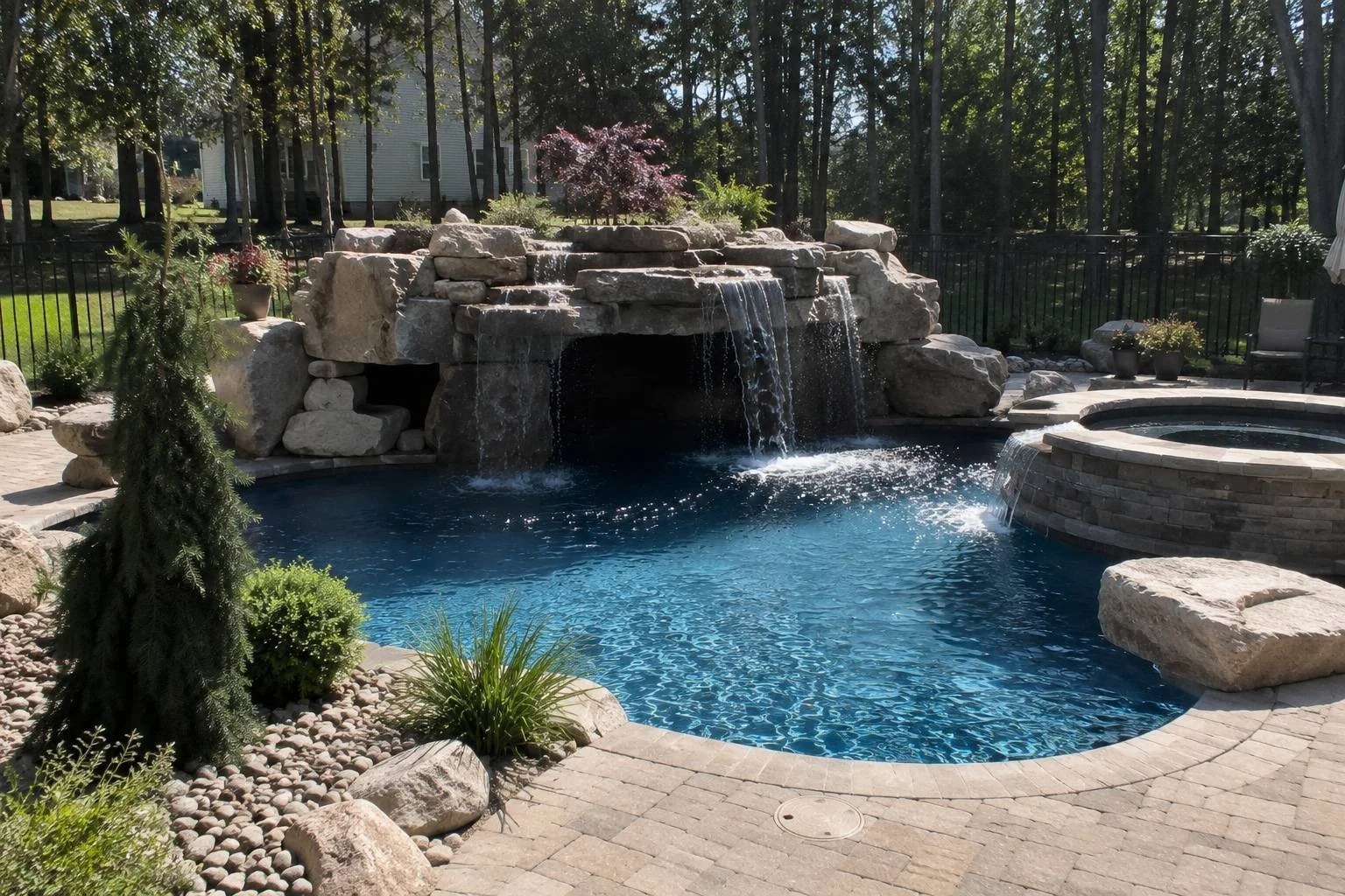 Luxury pool grotto with cascading waterfalls by Luck Lagoons