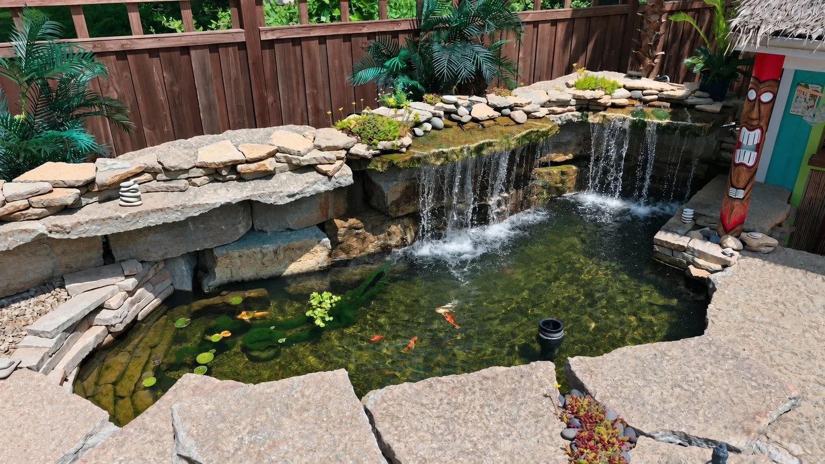 A koi pond and stone waterfall by Luck Lagoons