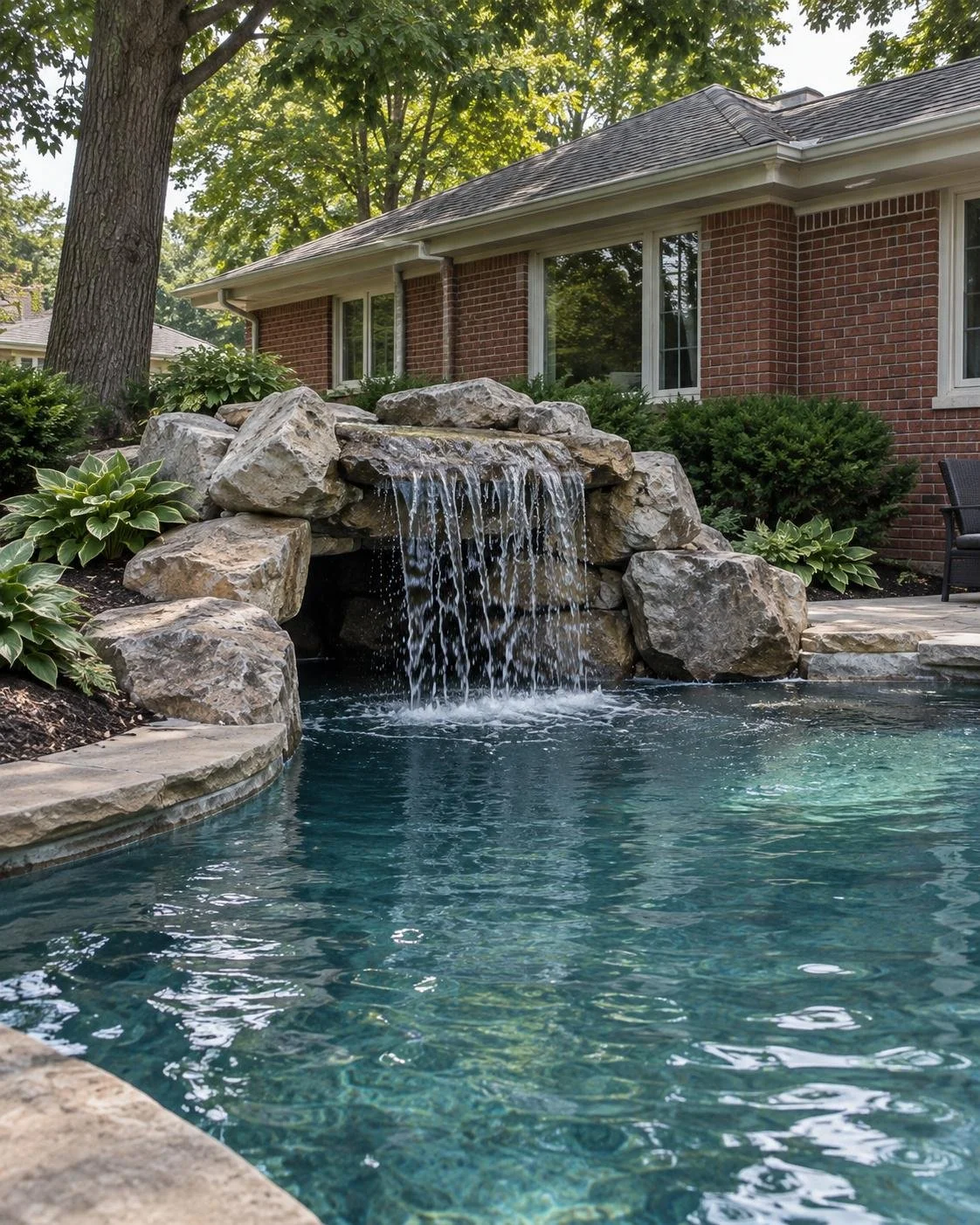 Grotto waterfall feeding a swimming pool beside a brick home