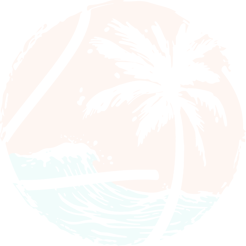 A stylized circular illustration of a tropical beach scene with palm trees, a wave, and an orange sky.