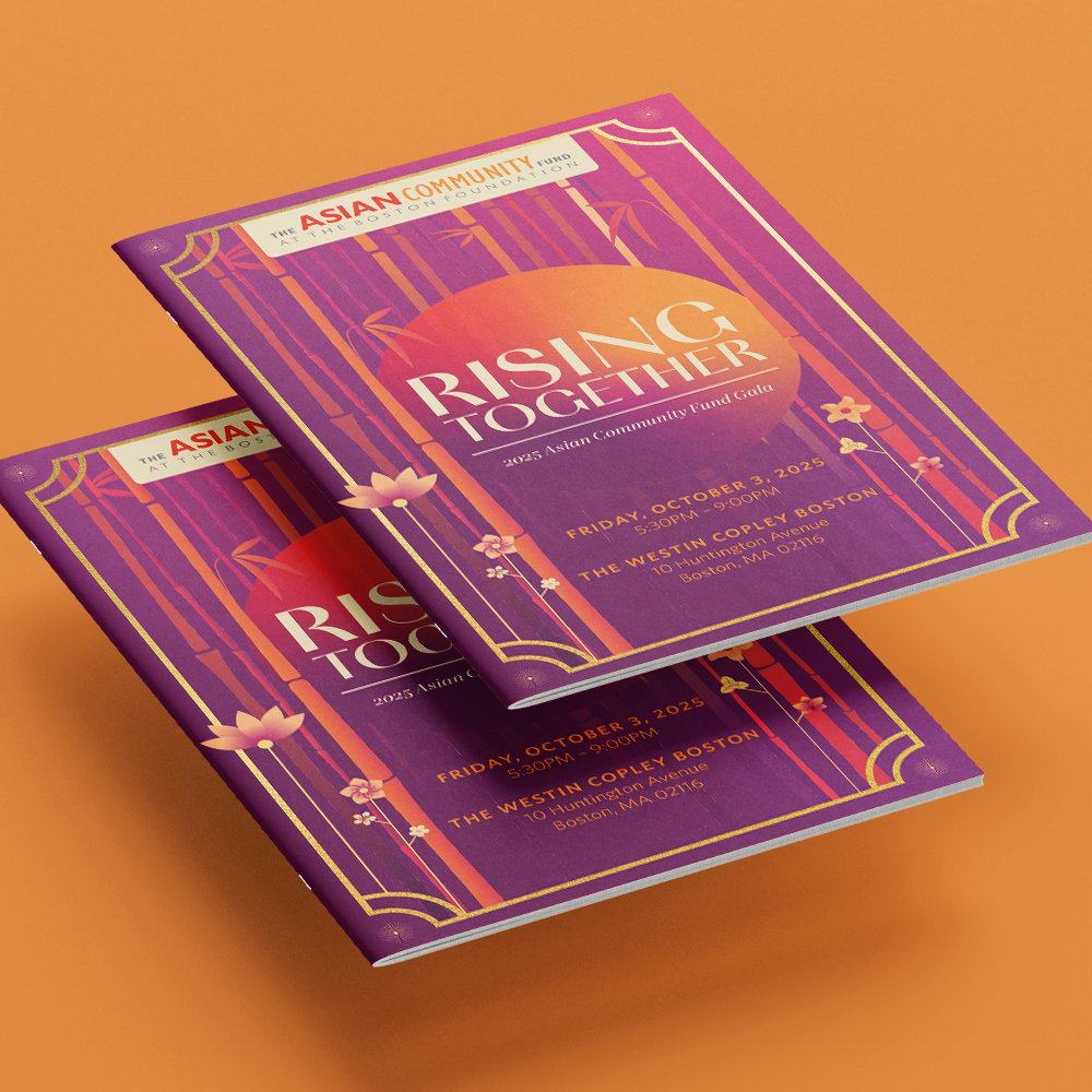Event flyer for the Asian Community Fund Gala titled "Rising Together," scheduled for October 3, 2025, at 5:30 PM at The Westin Copley Boston, featuring a vibrant purple and orange lotus flower design.