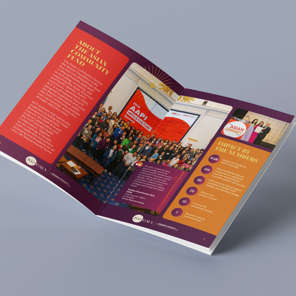 Open brochure for the Asian Community Fund and AAPI Arts & Culture Summit, with a group photo of attendees and contact information.