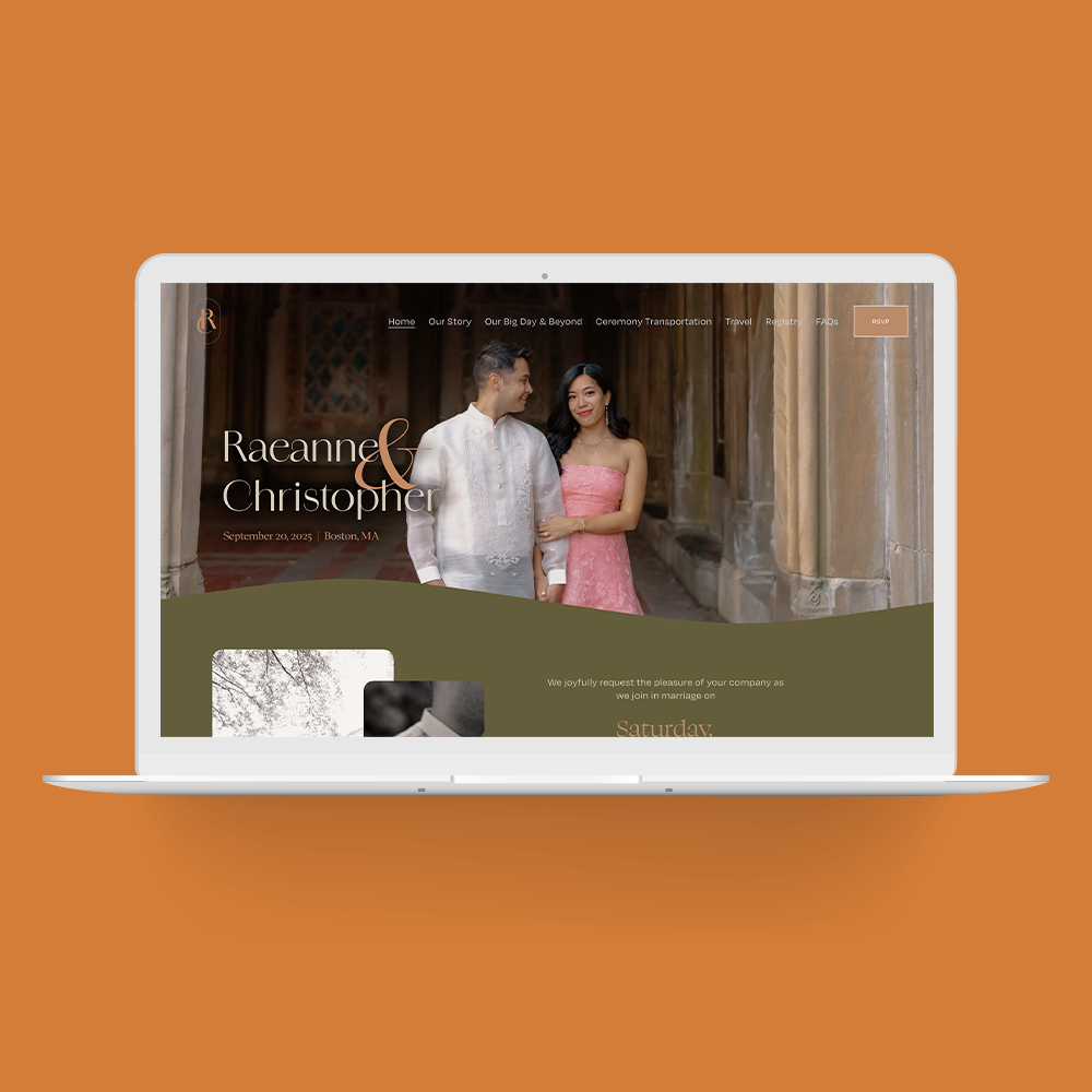 Laptop displaying a wedding website featuring a photo of a couple dressed in wedding attire, standing outdoors in front of an old building with stone columns, with carmel, pink, and olive green color scheme.