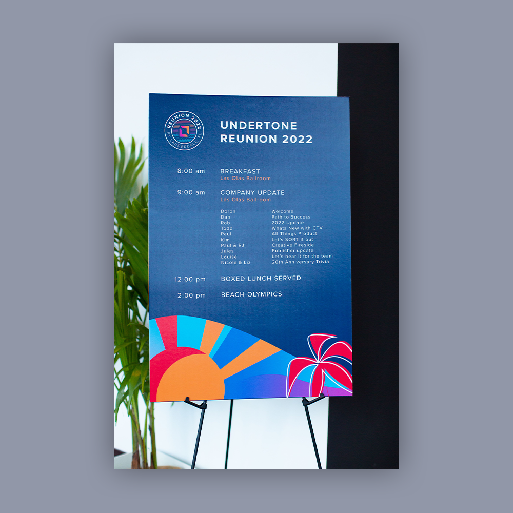 Event schedule poster for Undertone Reunion 2022, with times and activities listed, and colorful graphics at the bottom.