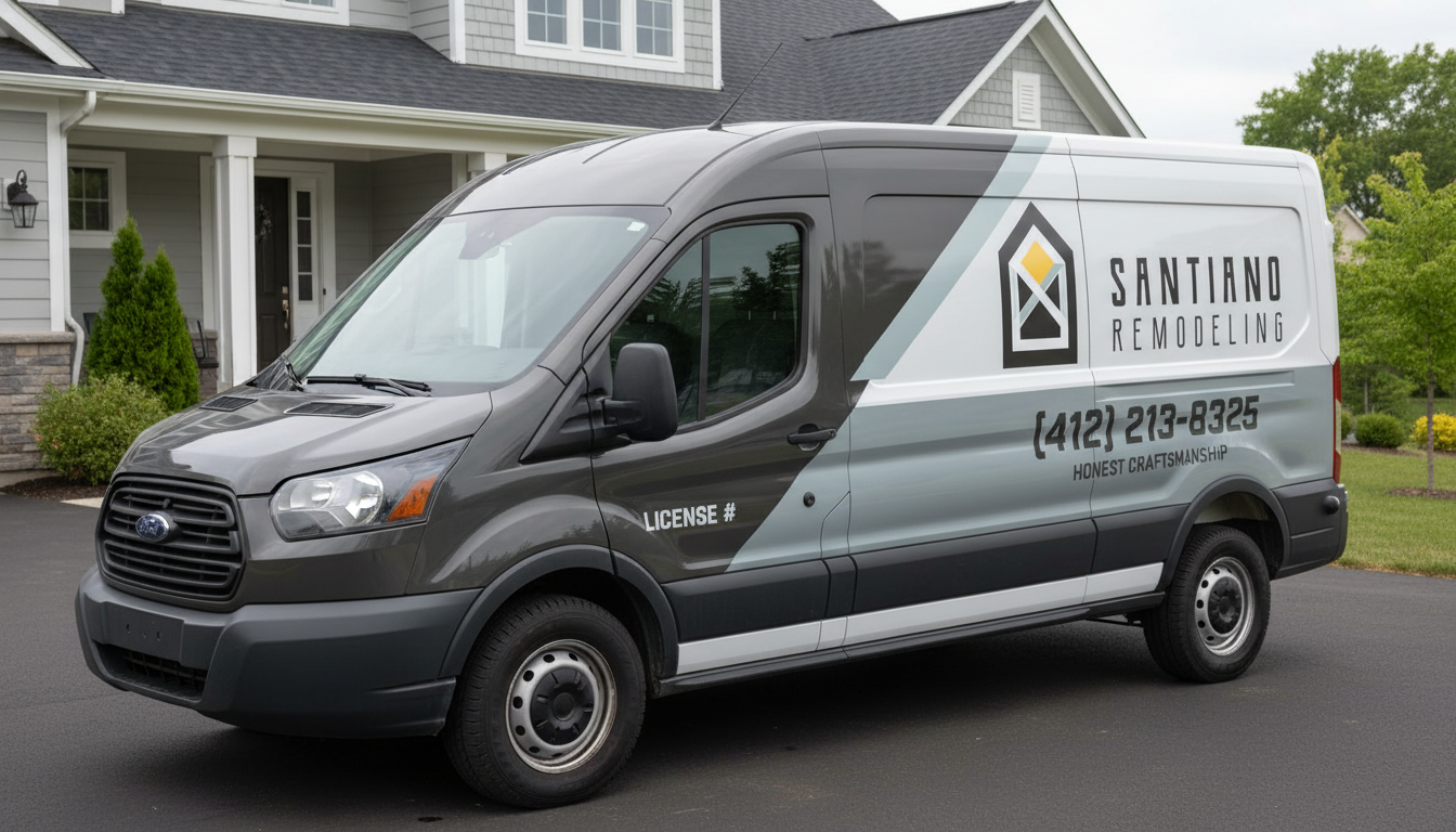 A gray and white remodeling service van parked on a driveway in front of a house with a yard and trees in the background.