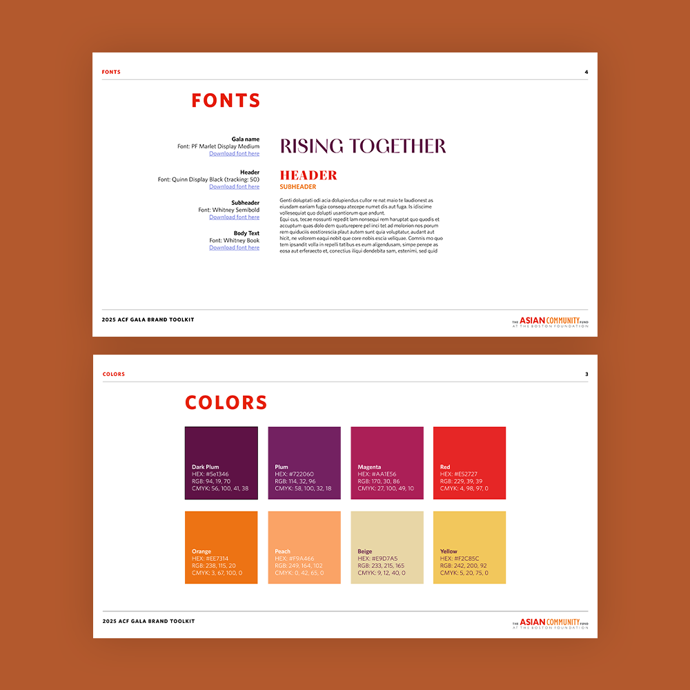 Two slides from a presentation. The first slide shows the title 'FONTS' with font recommendations and a subheading 'RISING TOGETHER'. The second slide shows the title 'COLORS' with a palette of color swatches labeled Dark Plum, Plum, Magenta, Red, Orange, Peach, Beige, and Yellow, along with their respective hex, RGB, and CMYK values.