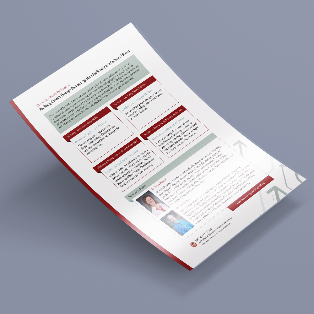 A printed educational flyer or brochure about managing stress and burnout, featuring sections with red headers, a photo of a woman, and the logo of Boston College.