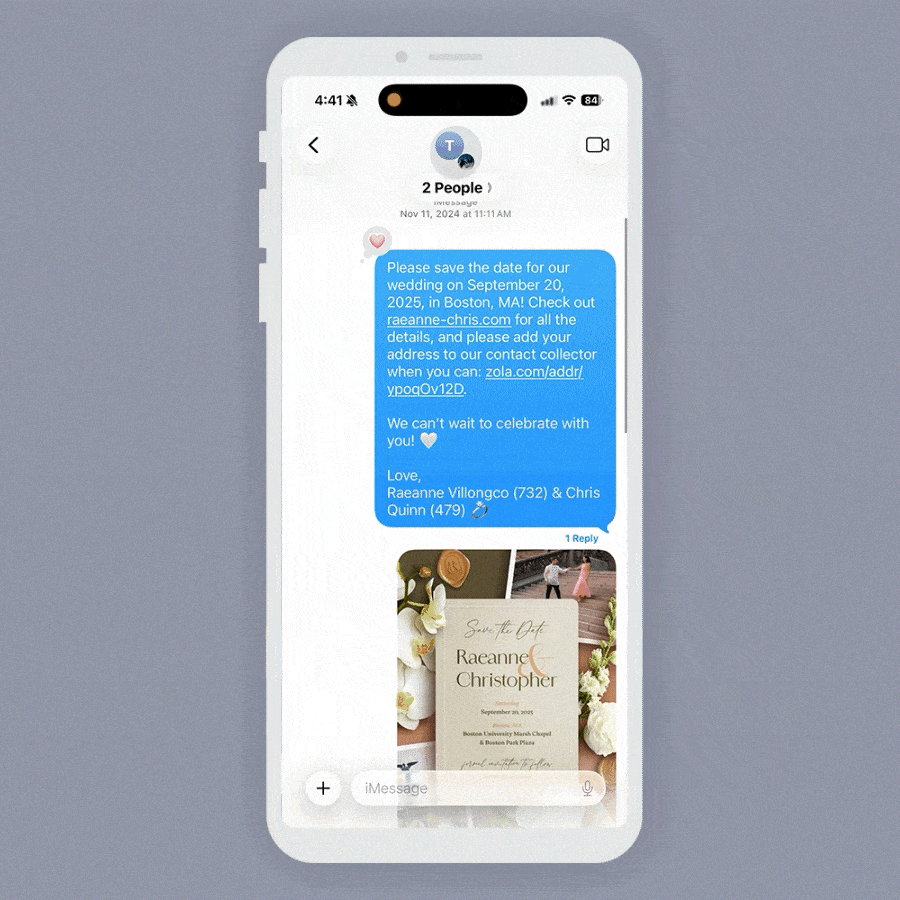 Text message conversation about a wedding, including a save-the-date card for Raeanne and Christopher's wedding on September 20, 2025, in Boston, MA, with a link for more details and contact information, along with a wedding photo showing Raeanne and Christopher dancing.
