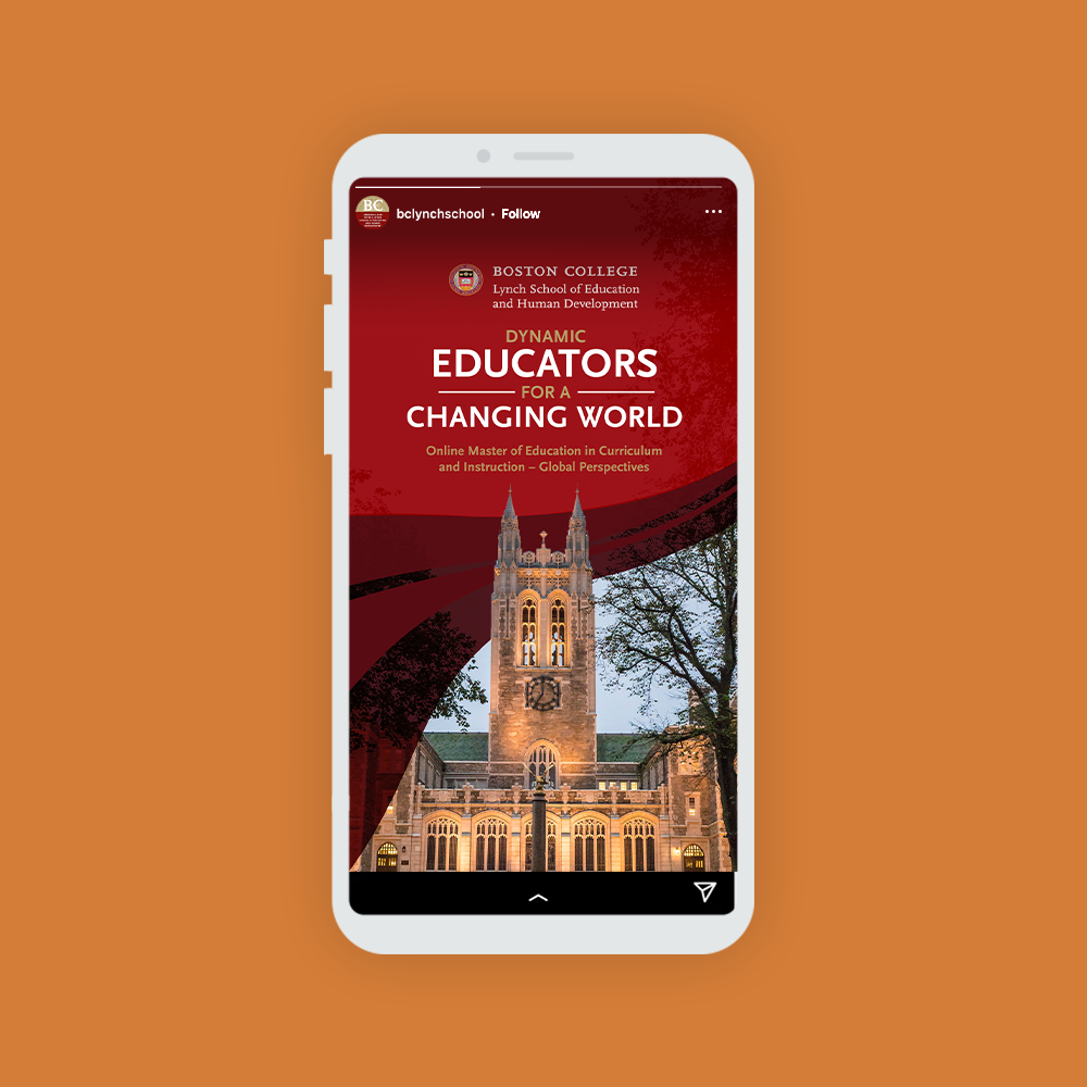 A smartphone displaying an advertisement for Boston College's Lynch School of Education and Human Development, highlighting a Master of Education program, with an image of a historic college building with towers, against a highlighted orange background.