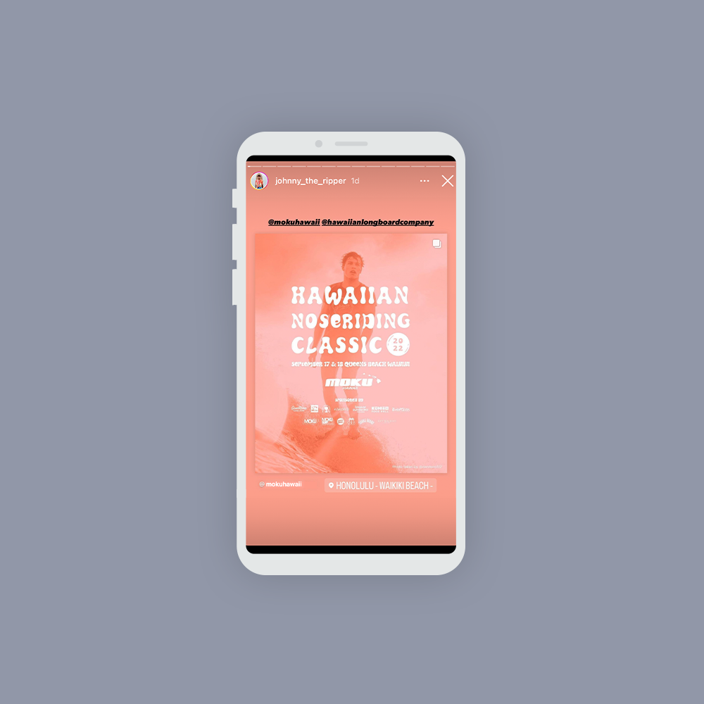 A smartphone displaying an event poster for the Hawaiian Noseringing Classic at Waikiki Beach, Honolulu, scheduled for September 17, 2022.