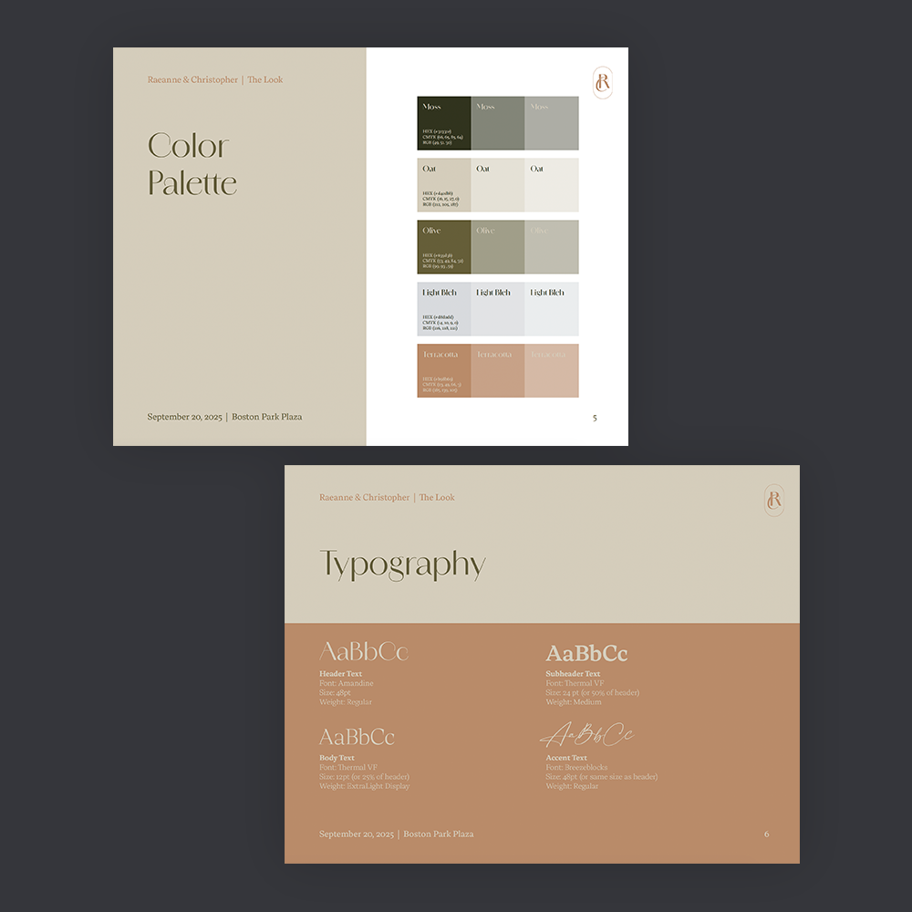 Two presentation slides, one showing a color palette with swatches of various earthy tones and the other displaying typography styles and fonts, both titled Raeanne & Christopher | The Look, dated September 20, 2025, at Boston Park Plaza.