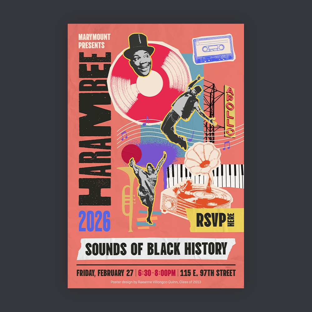 Event poster for 'Harambe' presented by Marymount featuring music and dance-related imagery, including a vinyl record, cassette tape, musical notes, trumpet, gramophone, keyboard, and silhouettes of dancers. The event is scheduled for Friday, February 27th, 2026, from 6:30 to 8:00 PM at 115 E. 97th Street, with RSVP instructions.