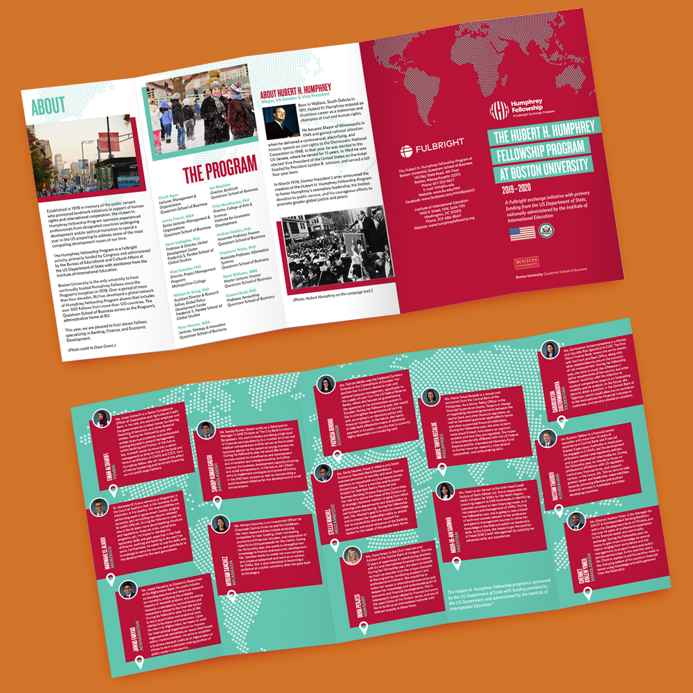 Brochure for the Hubert H. Humphrey Fellowship Program at Boston University, featuring program information and profiles of participants, with maps and logos.