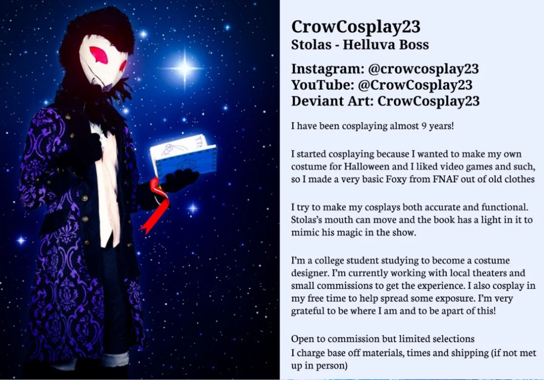 Cam cosplaying as Stolas, from Helluva Boss, in an original outfit.