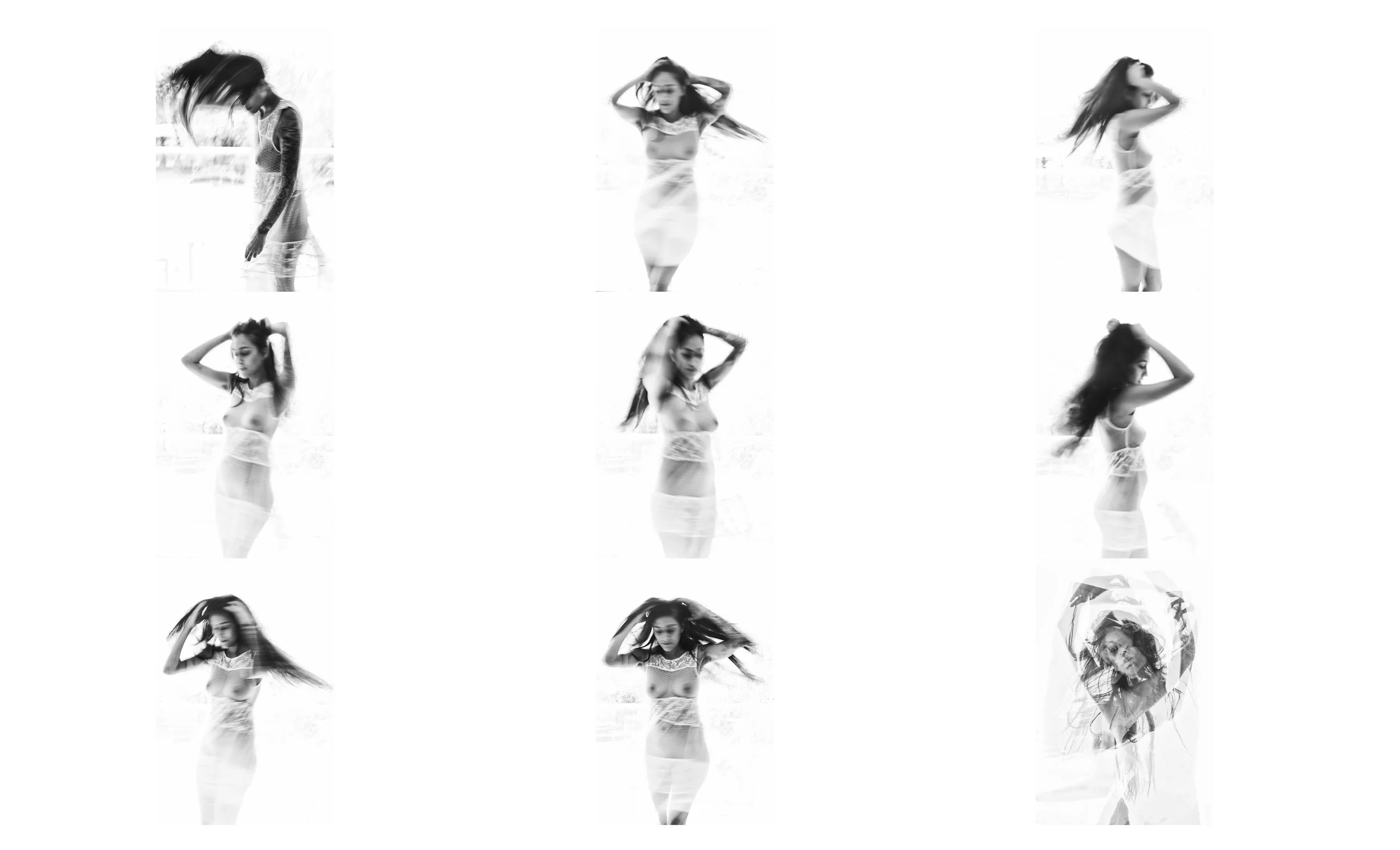 A collage of nine black-and-white photos of a woman with long hair, wearing a lace top or dress, posing with her hands in her hair or on her head, with motion blur and a bright background.