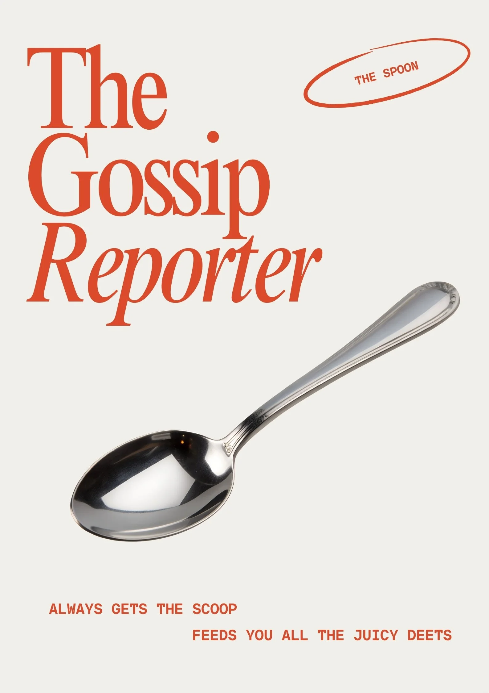 Book cover titled "The Gossip Reporter" with a large spoon image and subtitle "Always gets the scoop, feeds you all the juicy deeds."