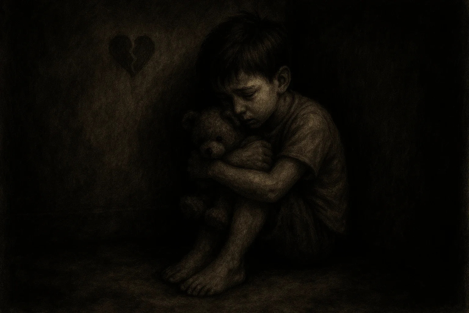 chlapec sedí v rohu, má strach, tiskne k sobě plyšáka a snaží se schovat