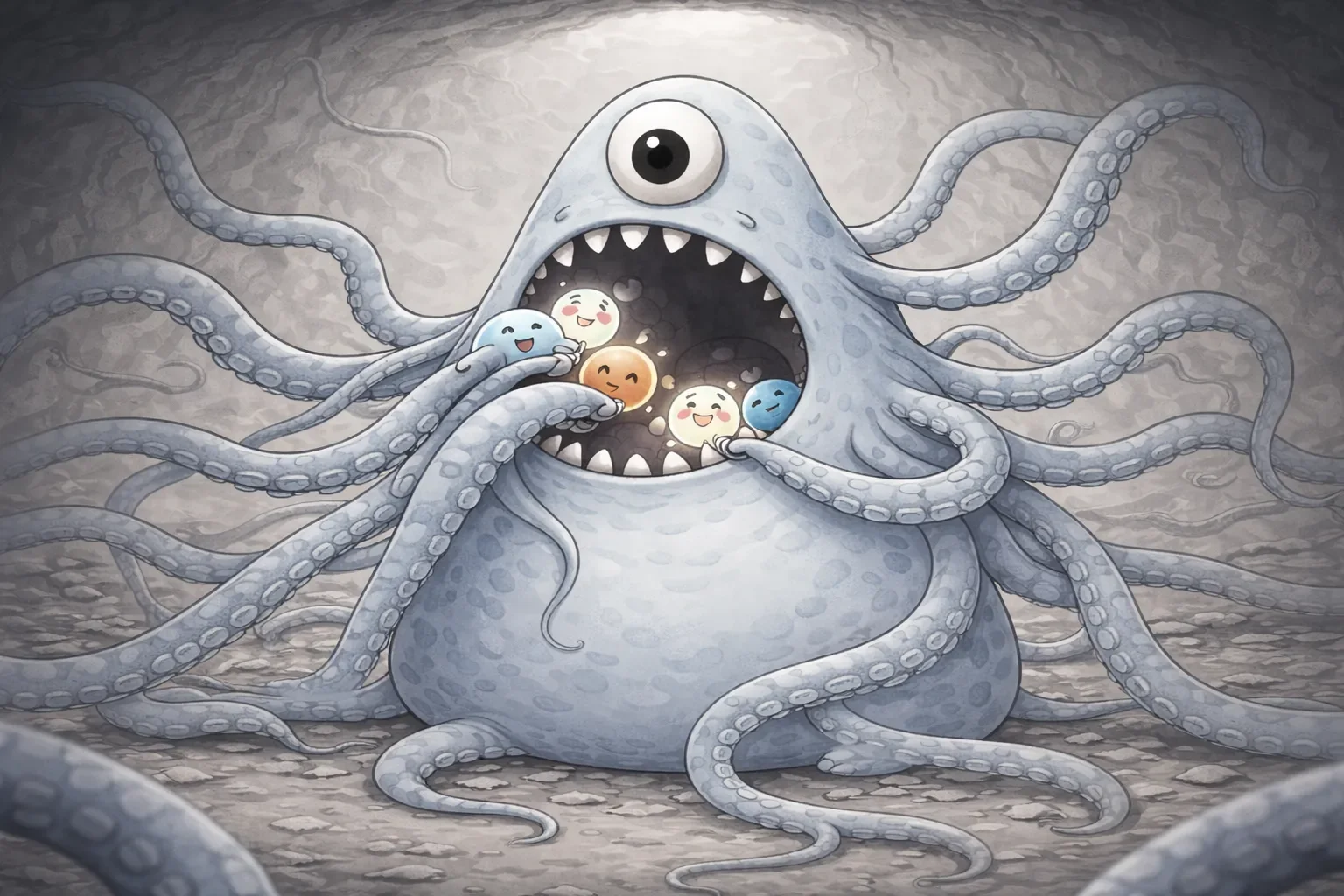 ilustrace příšery sedící v mysli, polyká emoce svými chapadly a vše hlídá svým okem