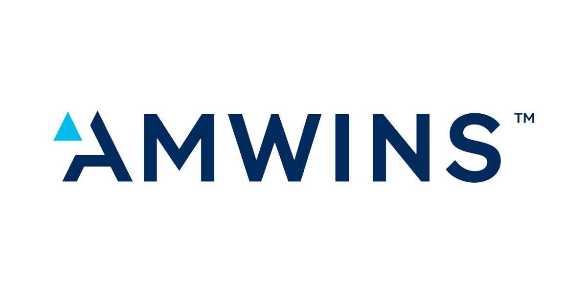 Logo for AMWINS with stylized blue triangle and text in blue and white.