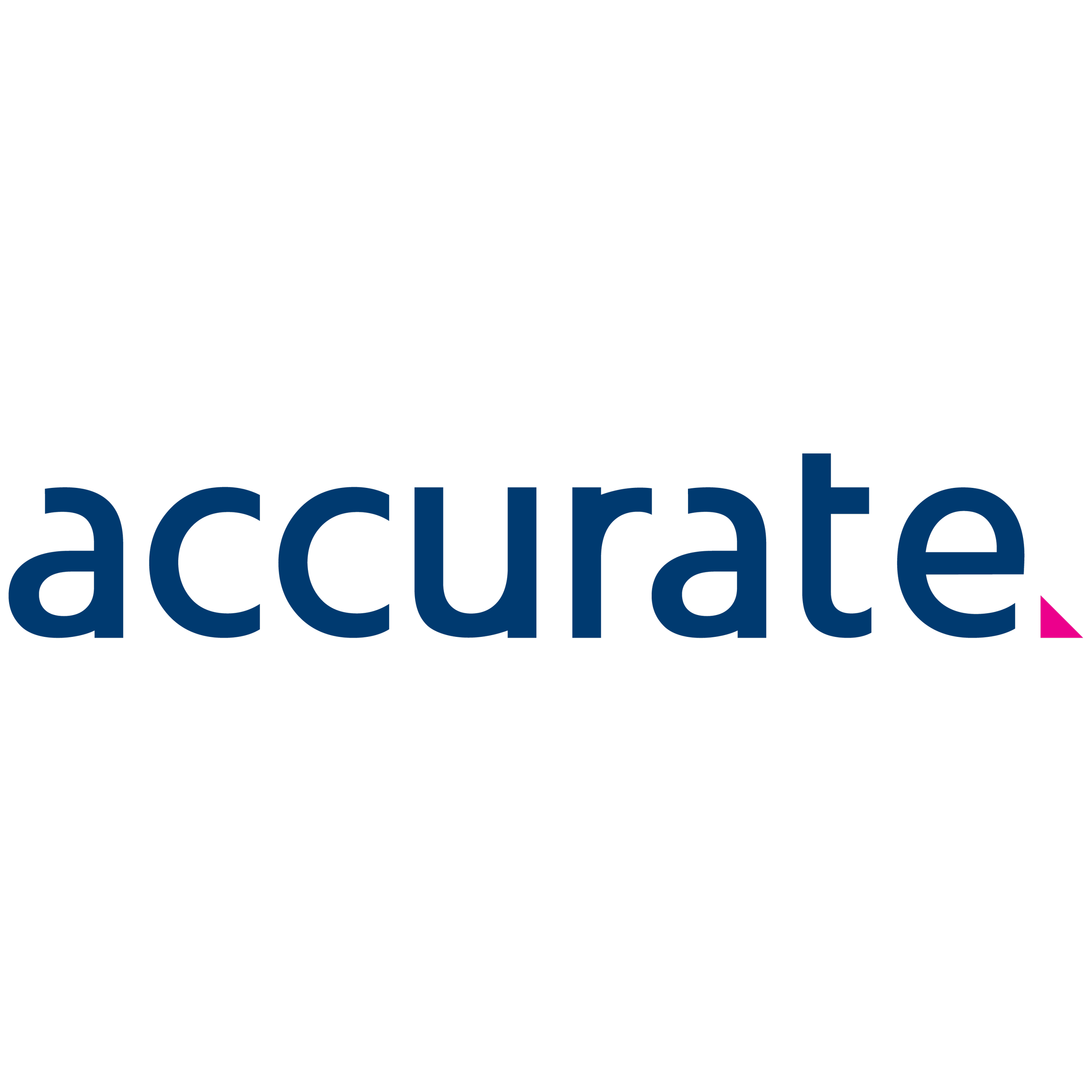 The logo of the company 'Accurate' with the word 'accurate' in dark blue letters and a small pink triangle at the end of the letter 'e'.