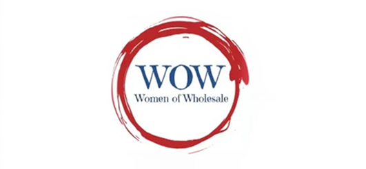 Logo for WOMEN of WHOLESALE (WOW), featuring blue text inside a red circular brushstroke.