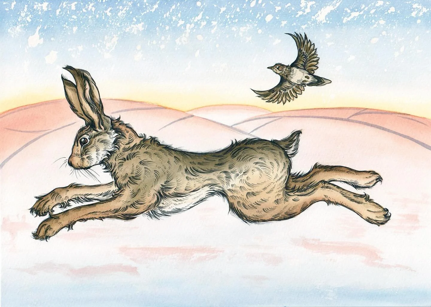 🐇 The Hare and the Lark 🐦&zwj;⬛
-
-
Racing the snowflakes on a midwinter morning. ❄️🩵
This new wintery piece will be available as a print at @almanac.cafe.plymouth for their late night market on the 11th of December and @plymouthcommunitypride &ls