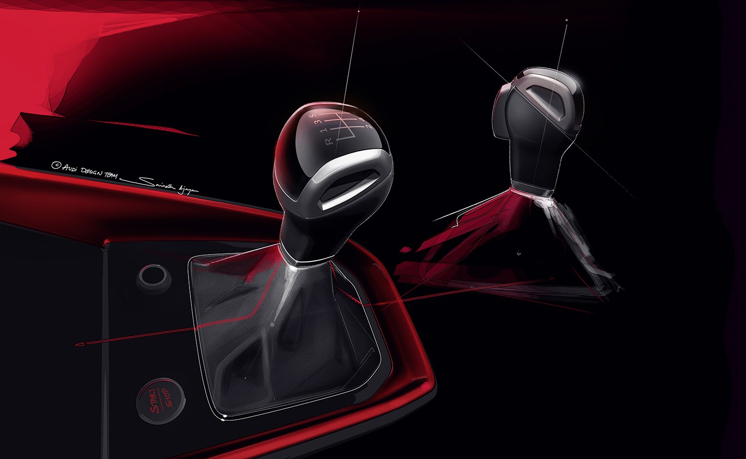 Close-up view of an Audi A1 gear shift lever with a sleek, modern design, featuring a digital display showing gear positions, set against a dark background with red accents.