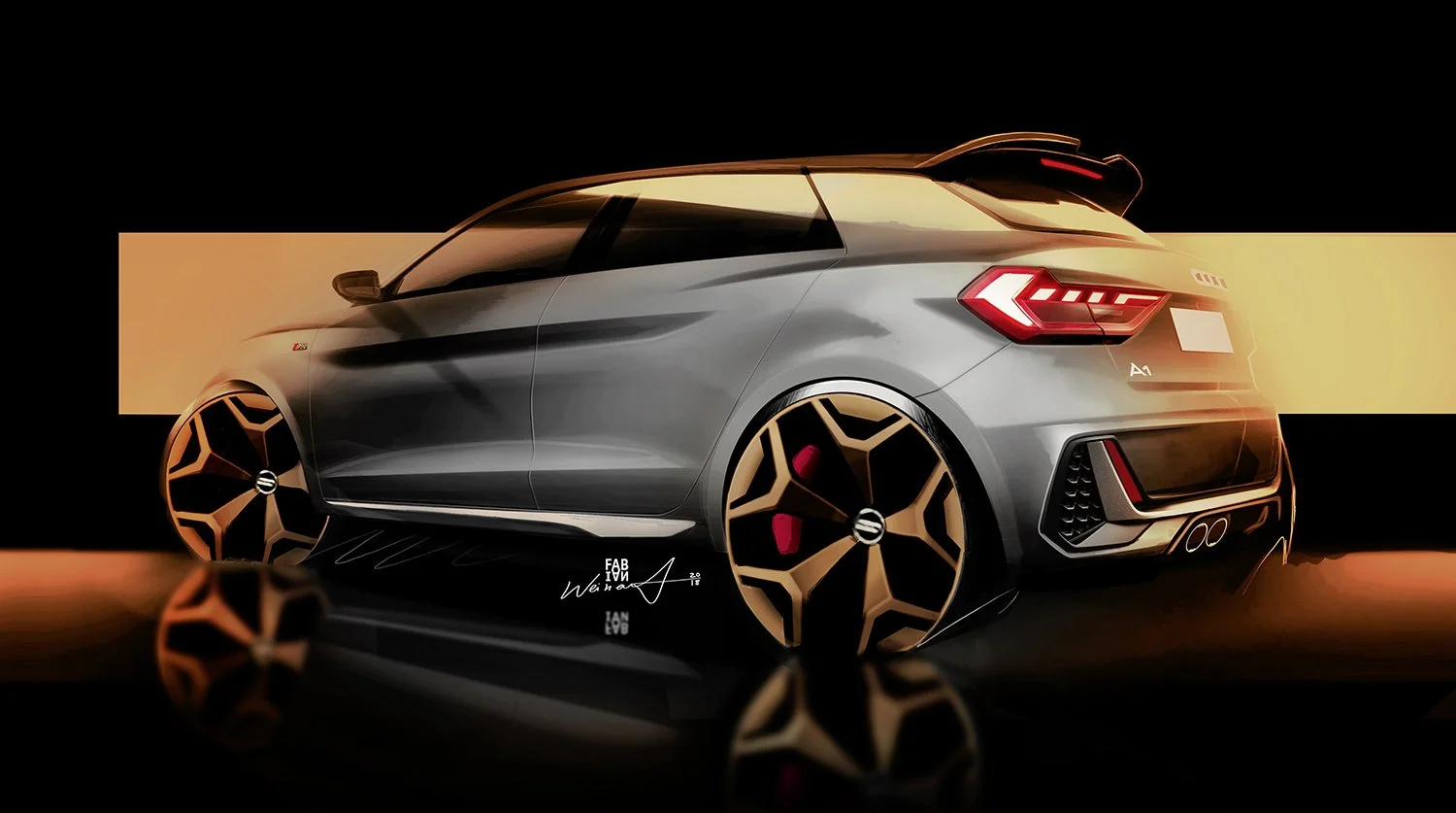 A design sketch of a grey Audi A1 car with black accents and gold wheels, illuminated against a black background with a horizontal yellow-orange stripe.