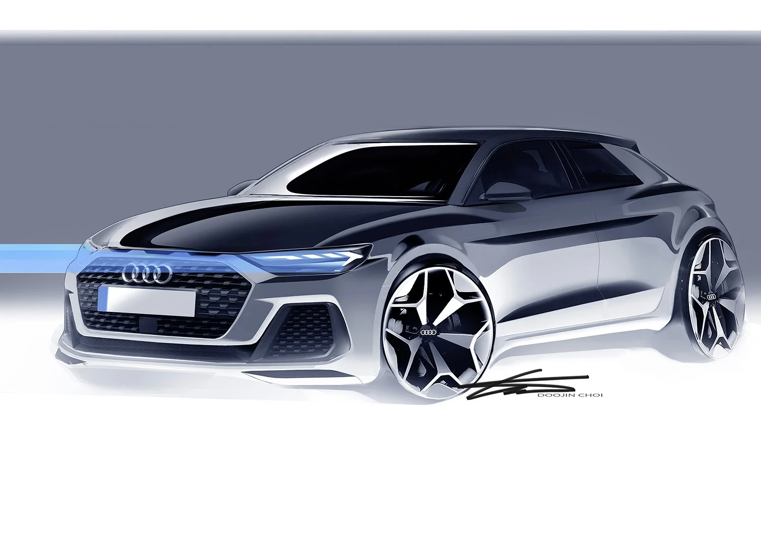 Concept A1 sketch by Audi with sleek black and silver design, aerodynamic shape, distinctive LED headlights, and large stylish wheels, set against a minimalist background.