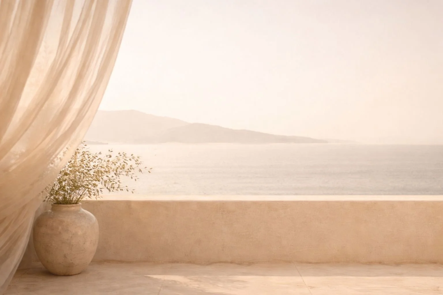 Indoor scene with a large vase holding a plant in front of a window with a view of the sea and distant mountains.