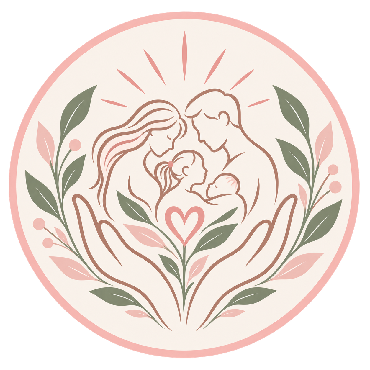 Illustration of a family with a mother, father, and two children, surrounded by leaves and a heart, with rays emanating from the family, symbolizing love and protection.