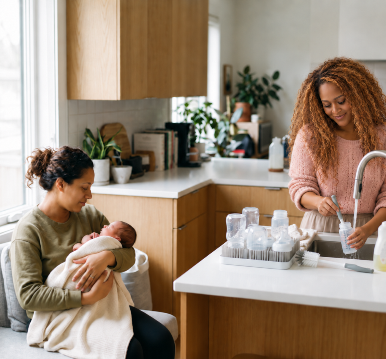 A woman holding a baby in a beige blanket sitting in a kitchen, while another woman in a pink sweater prepares bottles at the sink.