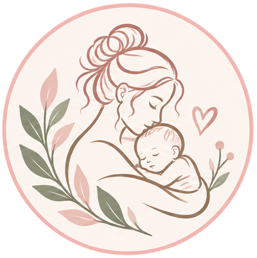 Line drawing of a mother holding her baby with hearts and leaves around them.