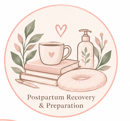 Illustration of a coffee cup, books, a donut, hand sanitizer, and greenery with the text 'Postpartum Recovery & Preparation'