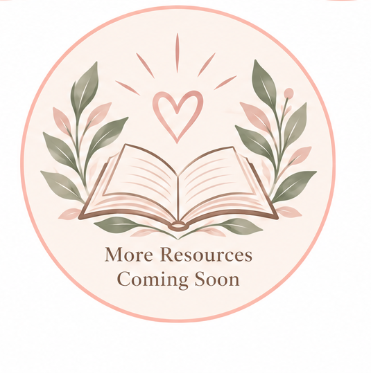 A circular emblem featuring an open book, two green and pinkish leaves, a heart with radiating lines above the book, and the text "More Resources Coming Soon" underneath.