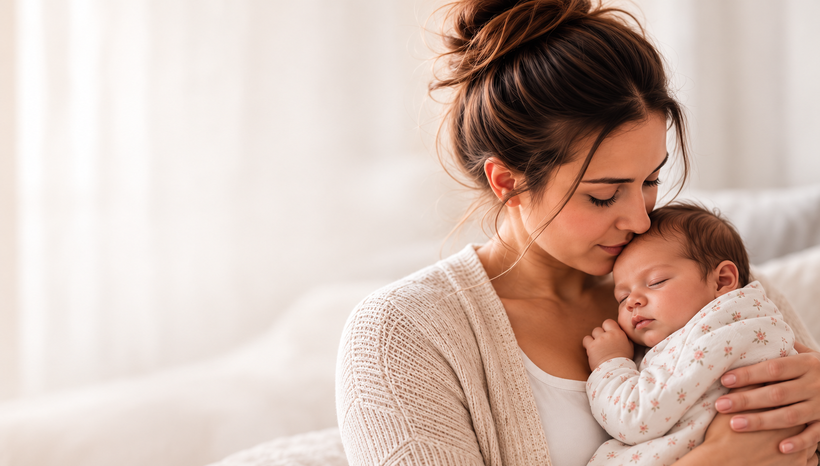 A woman holding a sleeping baby close to her chest with their foreheads touching in a cozy, softly lit room.
