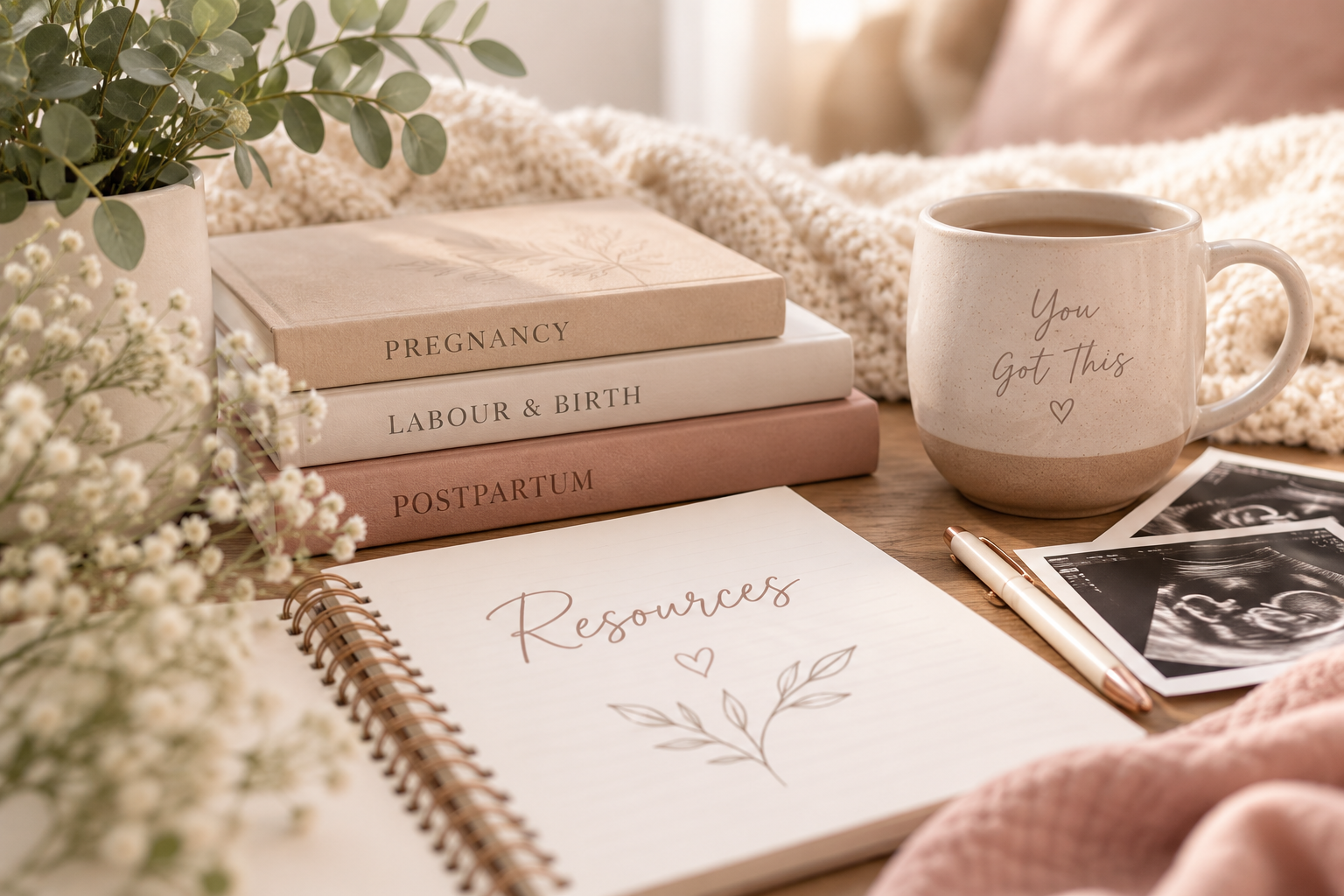 Stacked books titled "Pregnancy," "Labour & Birth," and "Postpartum" on a wooden table with a notebook labeled "Resources," a pen, ultrasound images, a mug with the words "You Got This," a potted plant, and soft blankets in the background.
