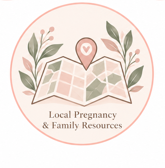 A logo with a map, leafy branches, a location marker with a heart, and the text 'Local Pregnancy & Family Resources'.