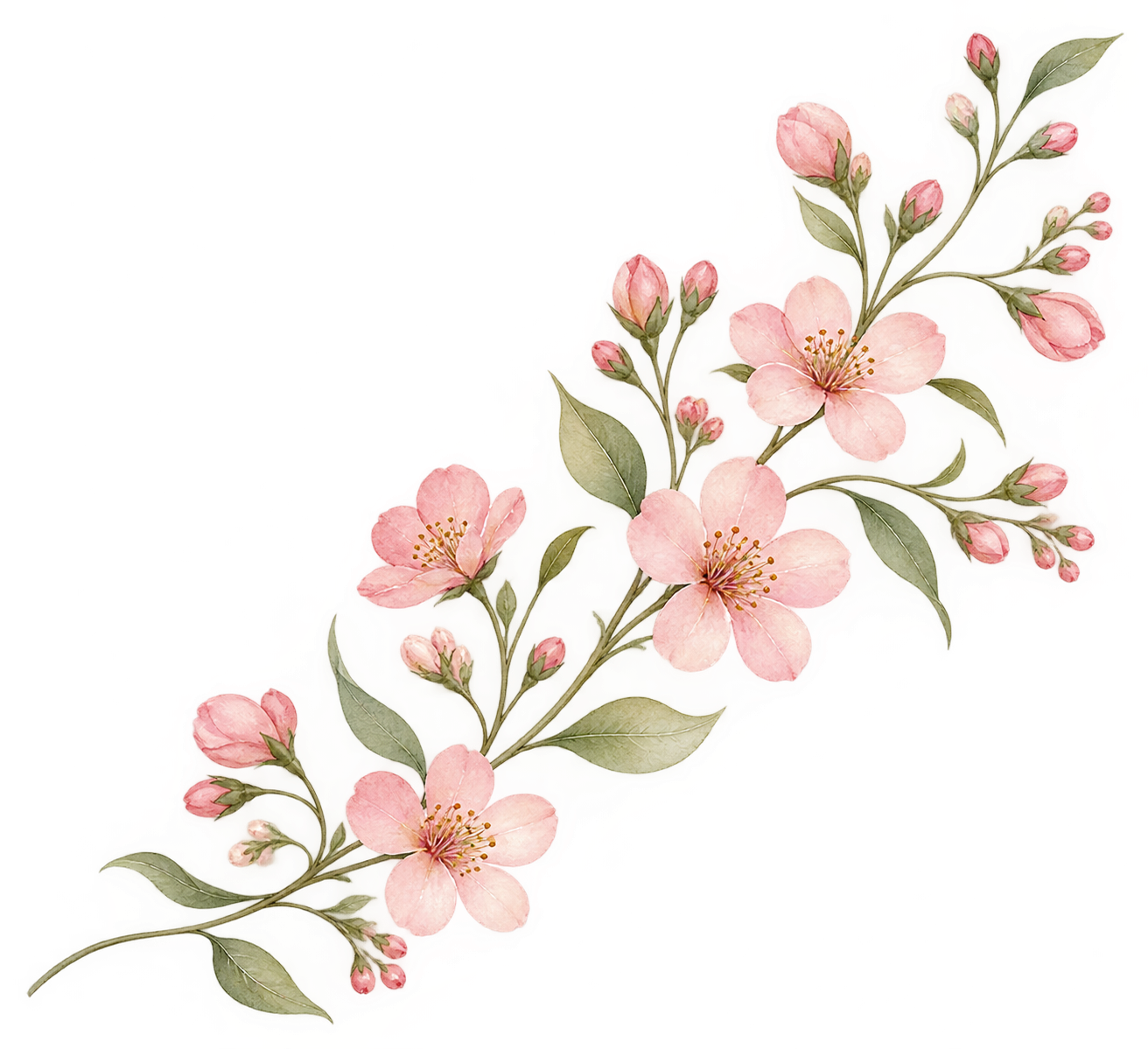 A watercolor illustration of pink cherry blossoms with green leaves on a transparent background.