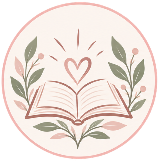 Open book with a heart above it, surrounded by green leafy branches and pink accents