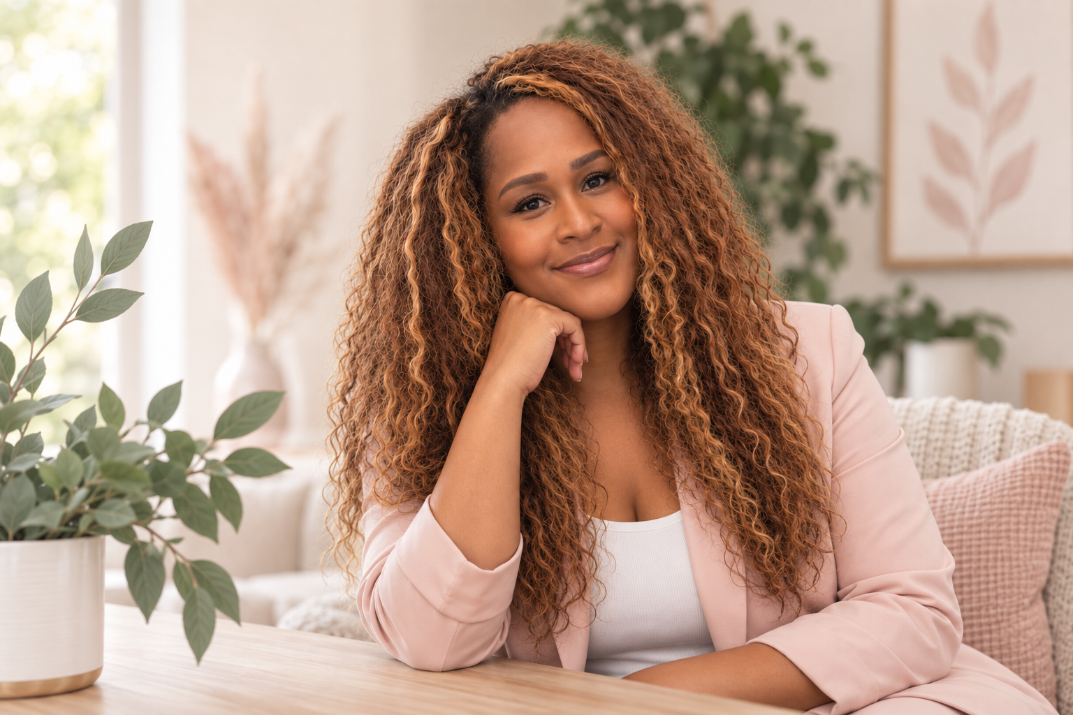 A woman with curly reddish-brown hair sitting at a table, resting her chin on her hand and smiling. The background features plants and framed art on the wall.