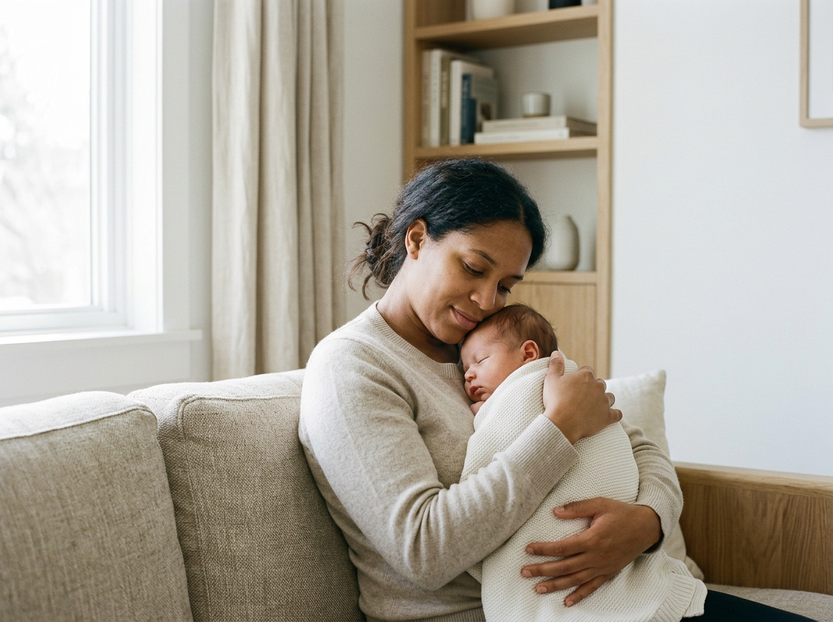 A woman holding a sleeping baby close to her chest while sitting on a beige couch in a bright room with natural light, a window, curtains, and a bookshelf in the background.