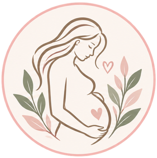 Minimalist illustration of a pregnant woman with long hair, surrounded by pink and green leaves and small hearts.