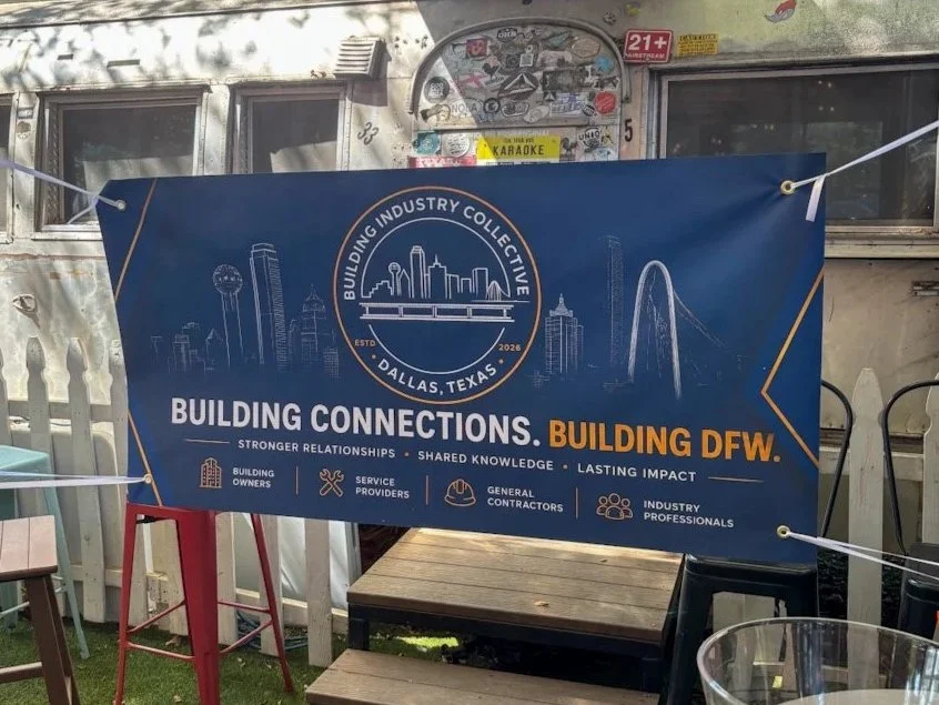 A sign promoting the Building Industry Collective of Dallas, Texas, highlighting building connections with keywords like stronger relationships and shared knowledge, and featuring illustrations of Dallas landmarks.