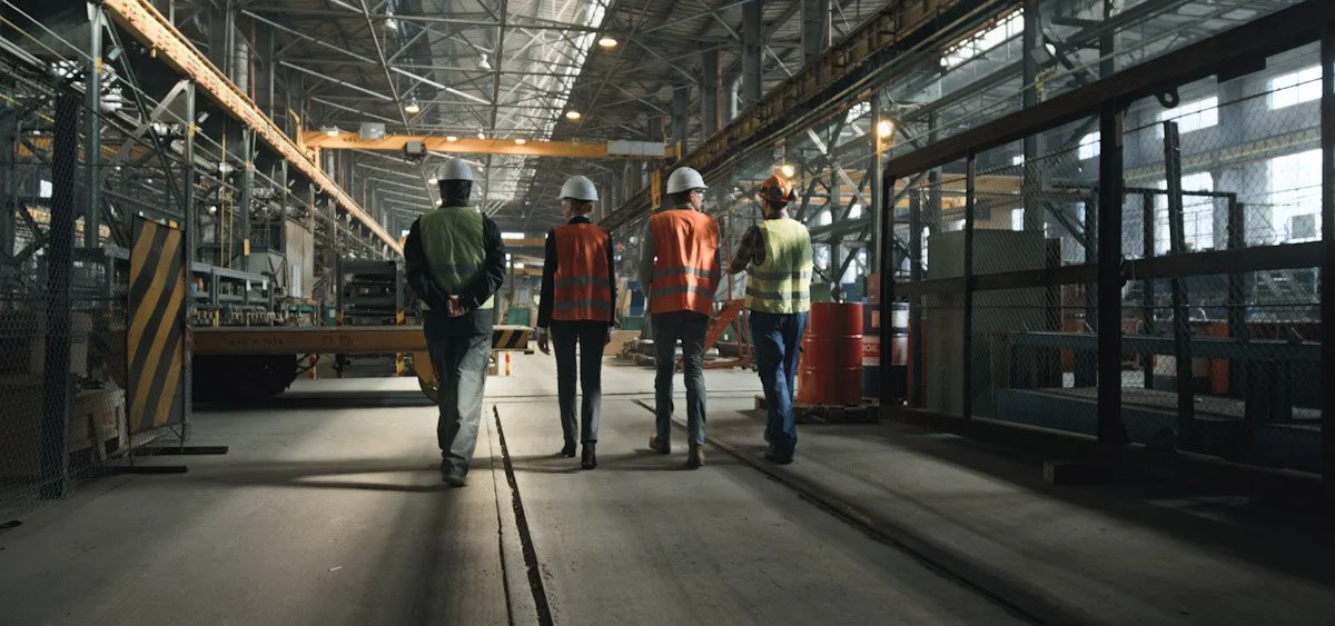 Four workers wearing safety helmets and vests walk through an industrial warehouse or factory, surrounded by machinery and equipment.