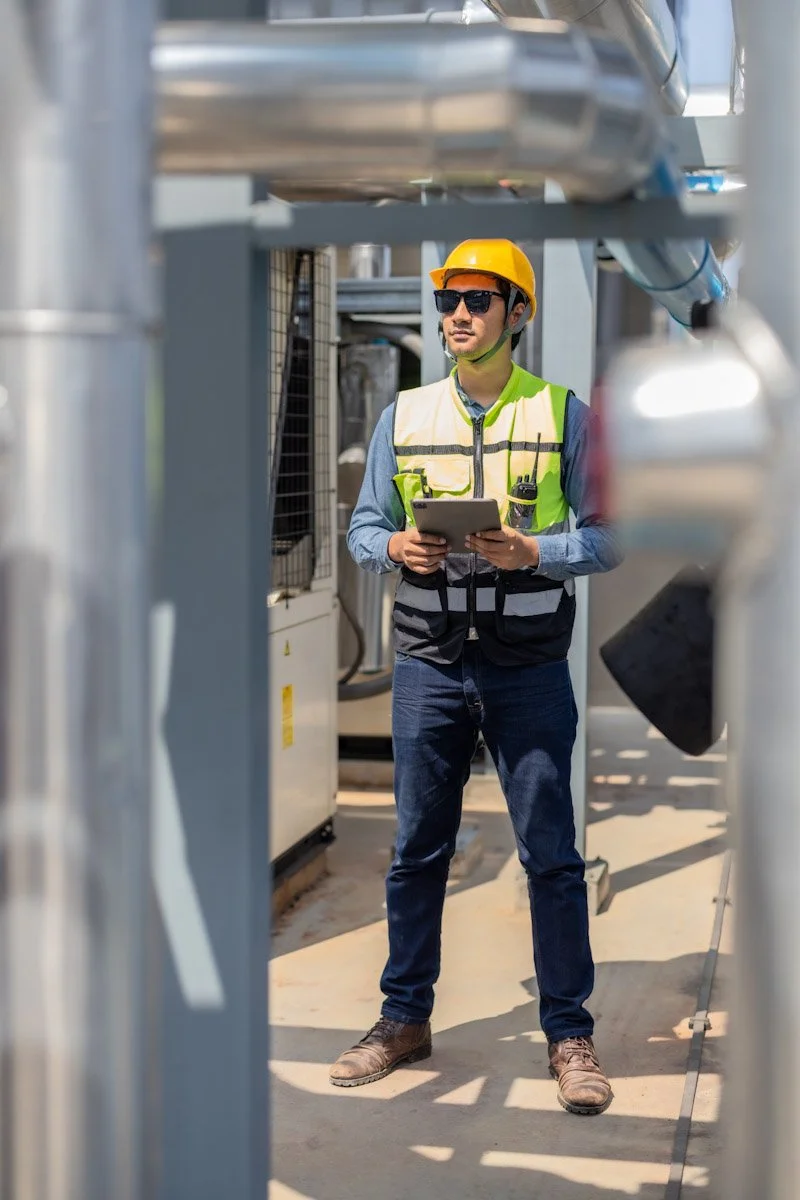 A man wearing a yellow safety helmet, black sunglasses, a high-visibility vest, blue jeans, and brown work boots, holding a tablet and standing in an industrial setting with metal pipes and equipment.