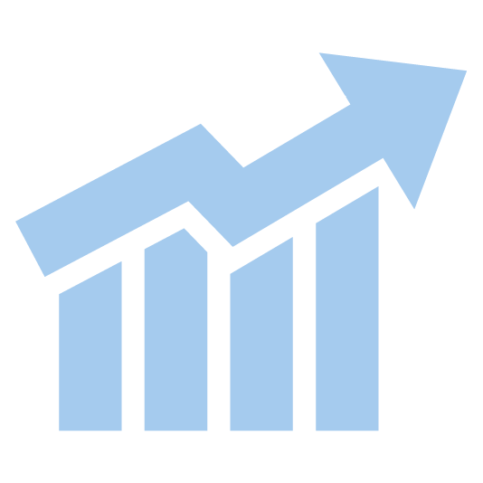 Light blue upward trending bar graph with an arrow indicating growth