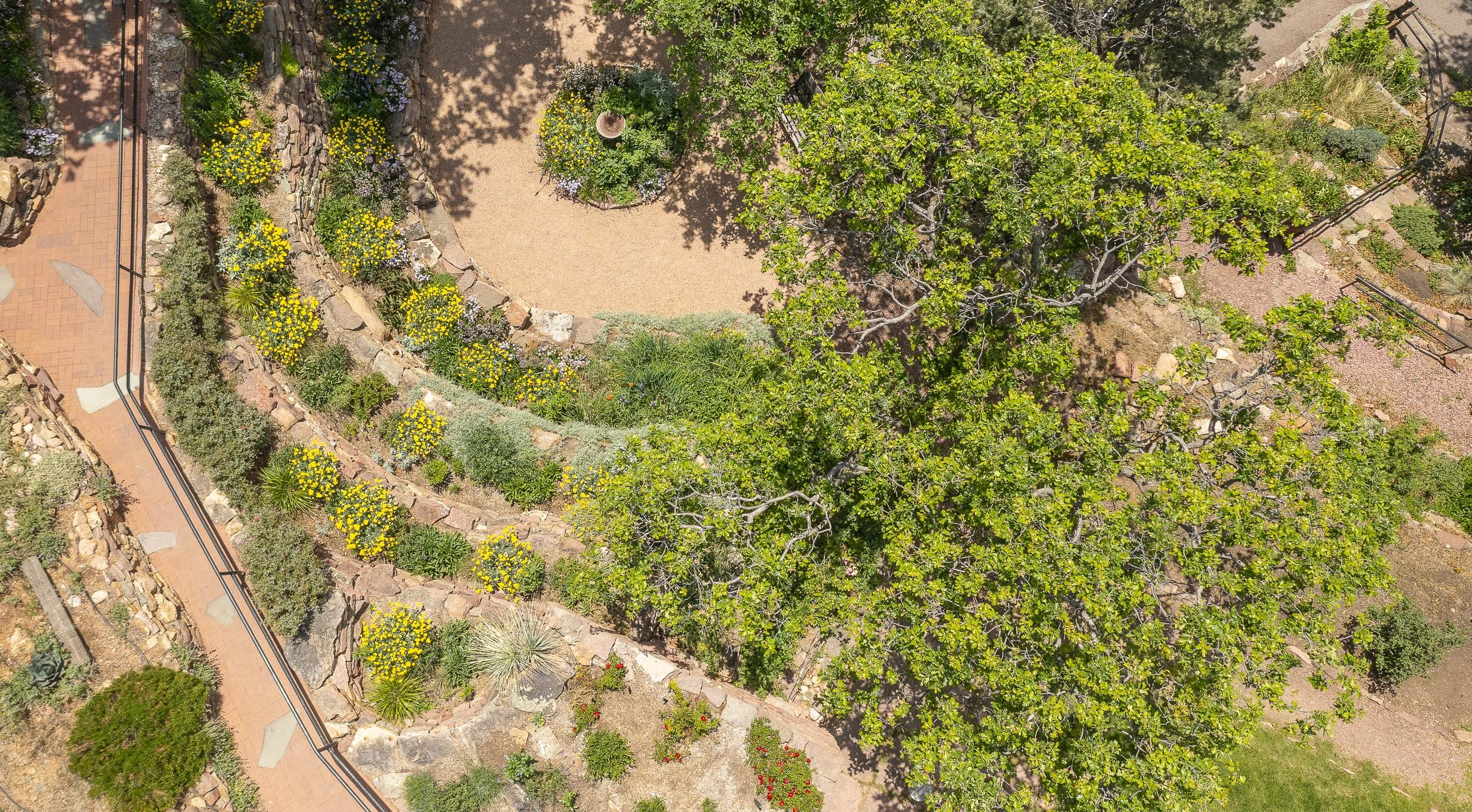 Aerial view - Outdoor gardens at Miramont Castle in Manitou Springs, Colorado.