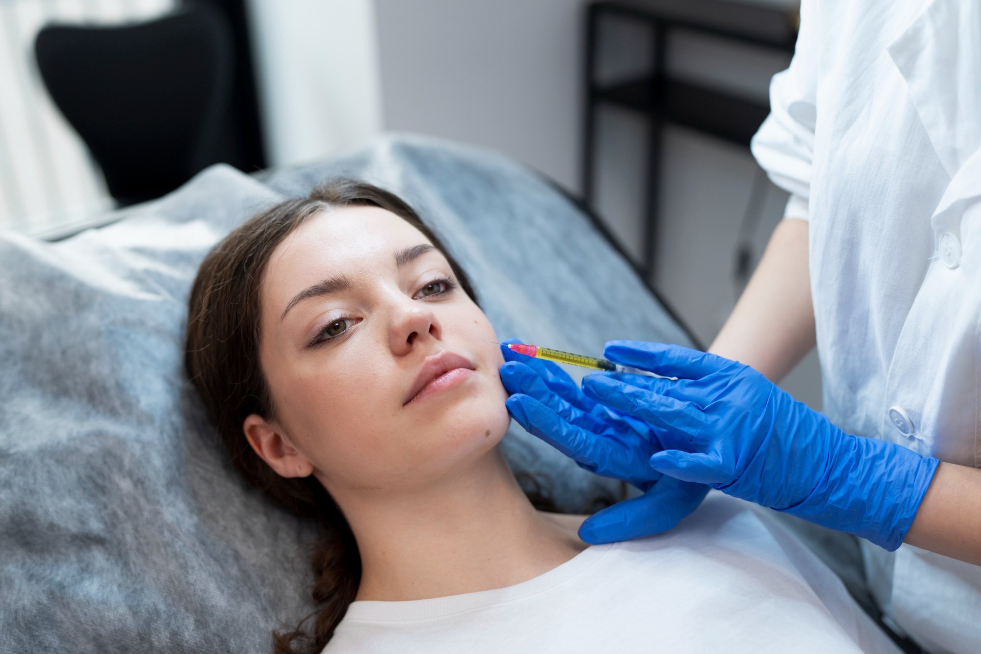 A woman lying in a medical setting, receiving a cosmetic injection in her face from a healthcare professional wearing blue gloves.