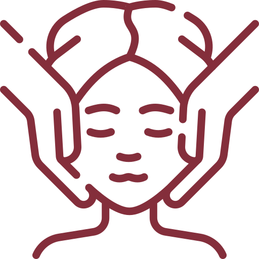 Minimalist line drawing of a woman with closed eyes, smiling with her hands raised to her head.